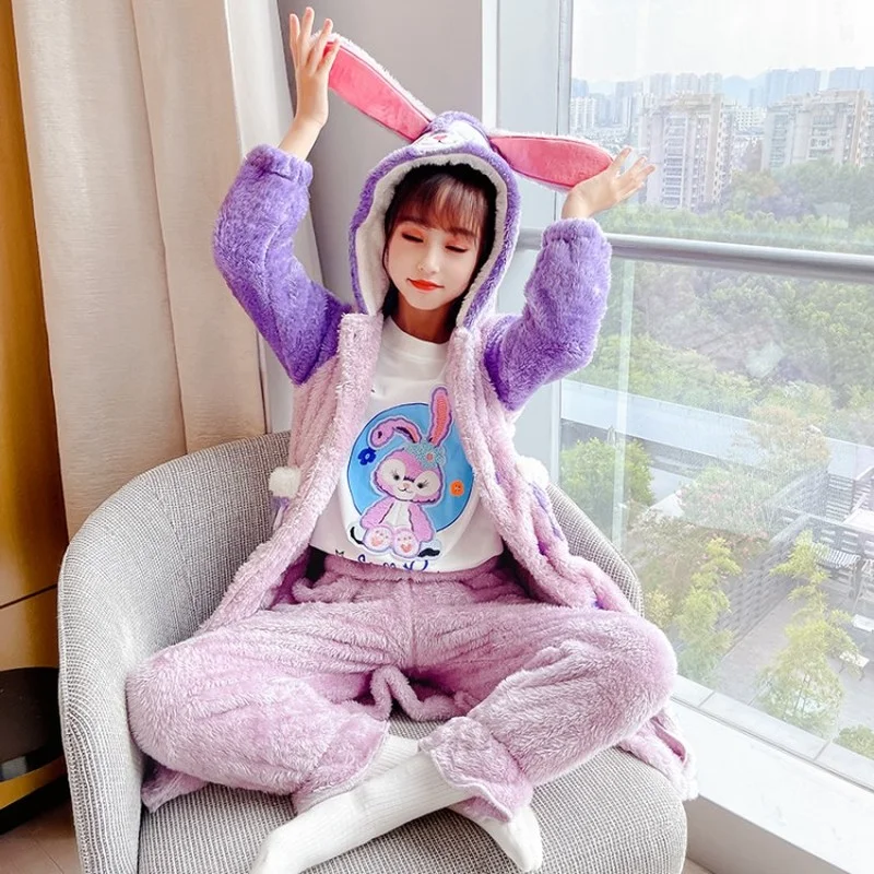 

Cartoon Rabbit Home Clothes Hooded Thickening Warm Christmas Baby Pajamas Set Baby Girl Boy Clothes Set Coral Velvet Antistatic