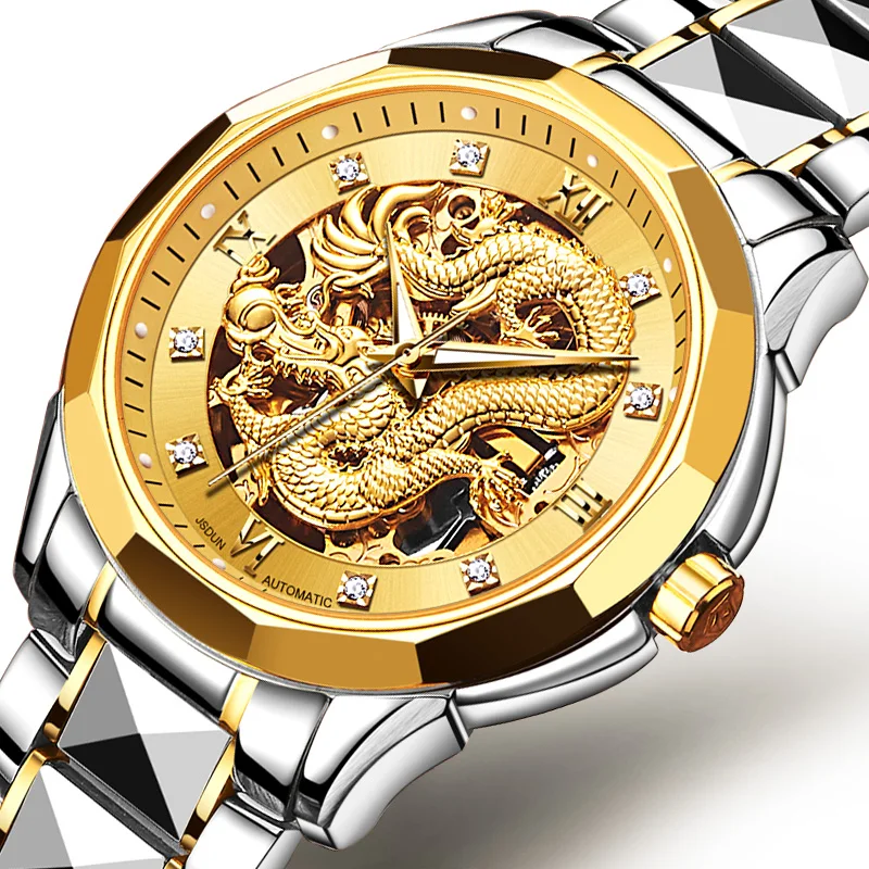 

Мужские автоматические механические часы-скелетоны Dragon, золотистые наручные часы с браслетом из нержавеющей стали, мужские водонепроницае...