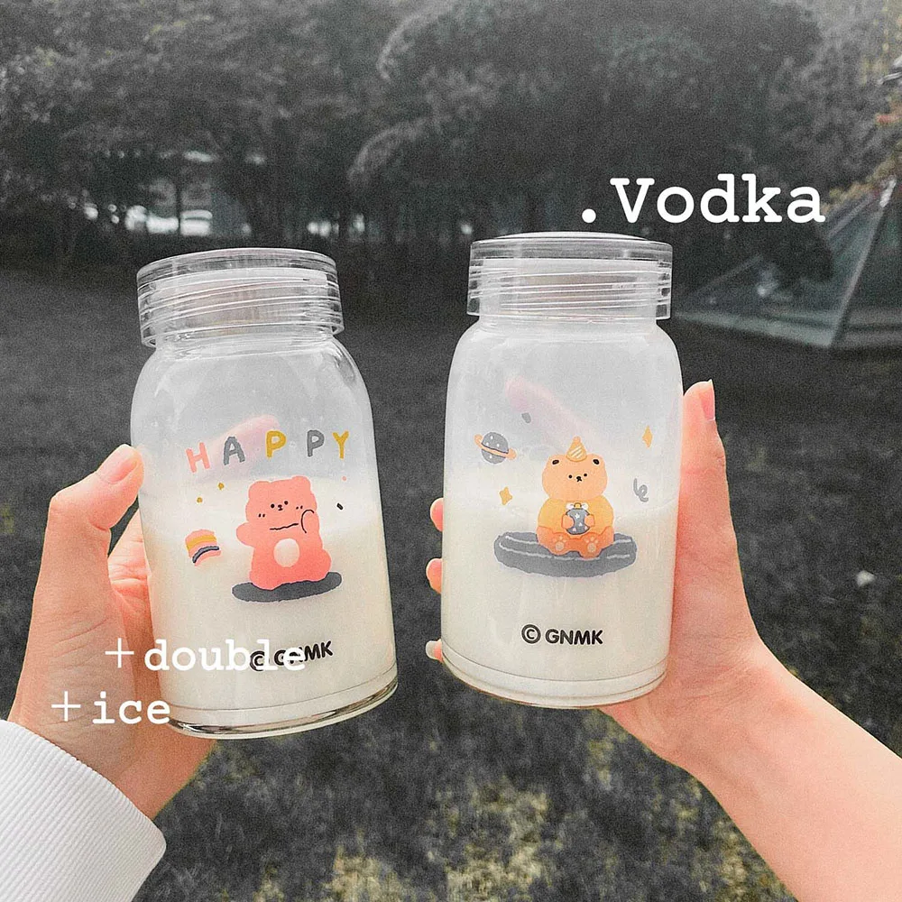 

Cartoon 450ml Bear Glass Water Bottle Thick Student Girl Gift Heat Resistance Drinking Bottles Cute Milk Coffee Tumblers