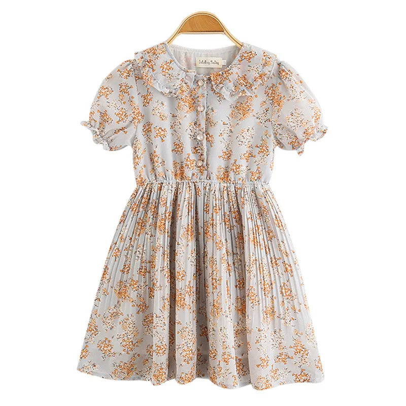 

New 2022 Summer Korean-Style Kids and Teenager Girls Floral Chiffon Dress Cute Princess Dress Baby Girls Retro Dresses, #8735