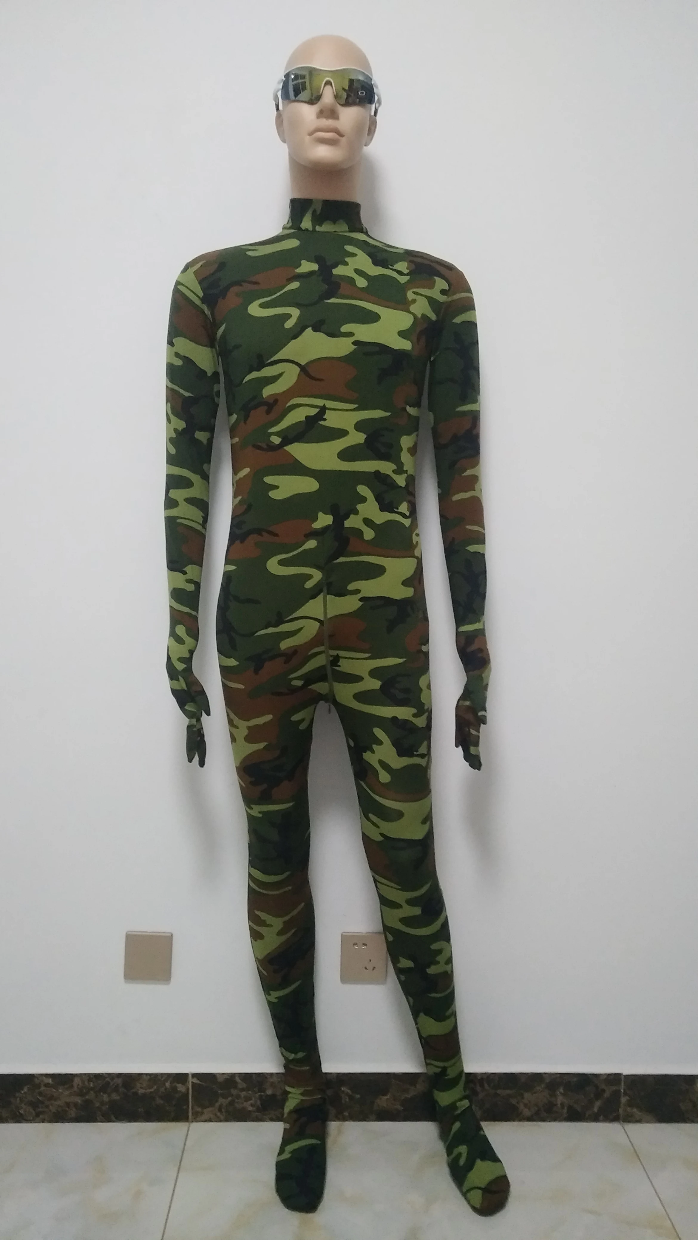 Halloween cosplay costume animal army green tights jumpsuit spandex Bodysuit Zentai Suit removable hood open mouth eyes |