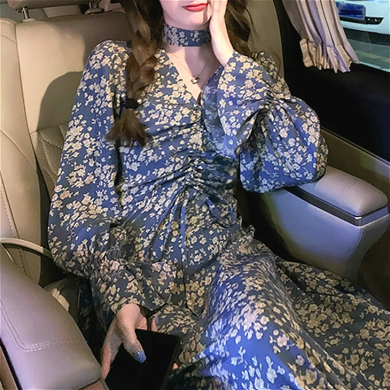 

Floral Print Dress Women Elegant V-Neck Party Midi Dress Long Sleeve Vintage One Piece Dress Korean Office Lady 2022 Autumn Chic