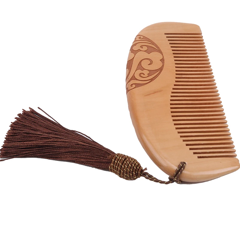 

Natural Mahogany Thick Carved Wooden Comb Supple Anti-static Massage Scalp Healthy Portable Small Comb Hair Brush With Tassel