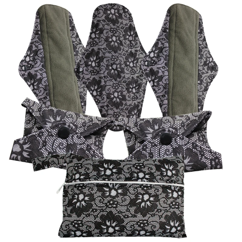 BlackFlowerWith1 bag 5 шт древесный уголь бамбуковые тканевые подушечки моющиеся менструальные подушечки многоразовые гигиенические полотенца - Цвет: BlackFlowerWith1 bag