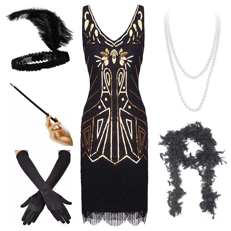 Black Gold Set (B) Женские Хлопушки платья 1920s бисером бахромой платье Грейт Гэтсби w/Набор аксессуаров xs-xxl - Цвет: Black Gold Set (B)