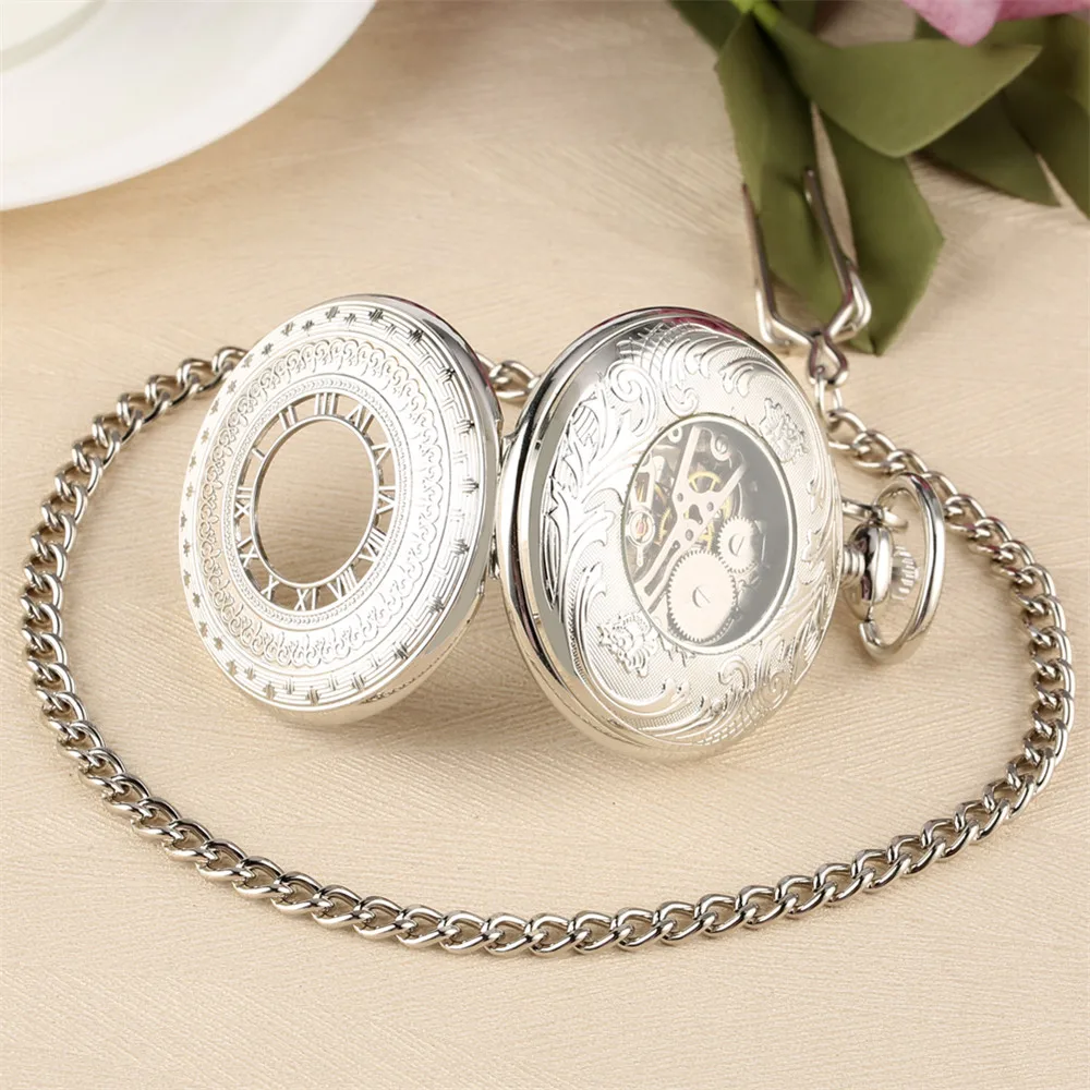 Classic Silver Mechanical Hand Wind Pocket Watch Roman Number FOB Pendant Chain Exquisite Pattern Half Hunter Pocket Timepiece