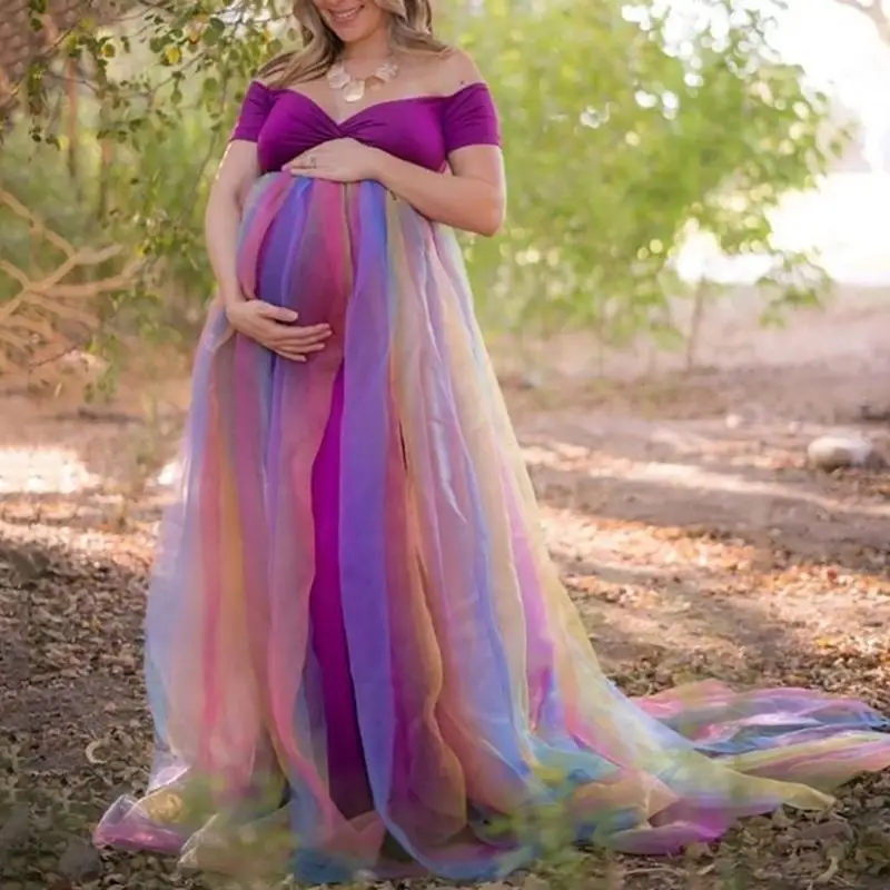 Elegant Colorful Tulle Maternity Dresses A Line Bridal Rainbow Tulle Pregnancy Dressing Gowns Custom Made Cap Sleeve