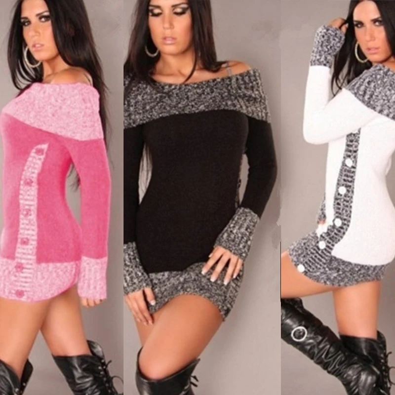 

Knitted Slash Neck Sweater Dress Sexy Shoulder Off Pullovers Sweater Women's Autumn Winter Sweater Slim Lady Sweater Dress