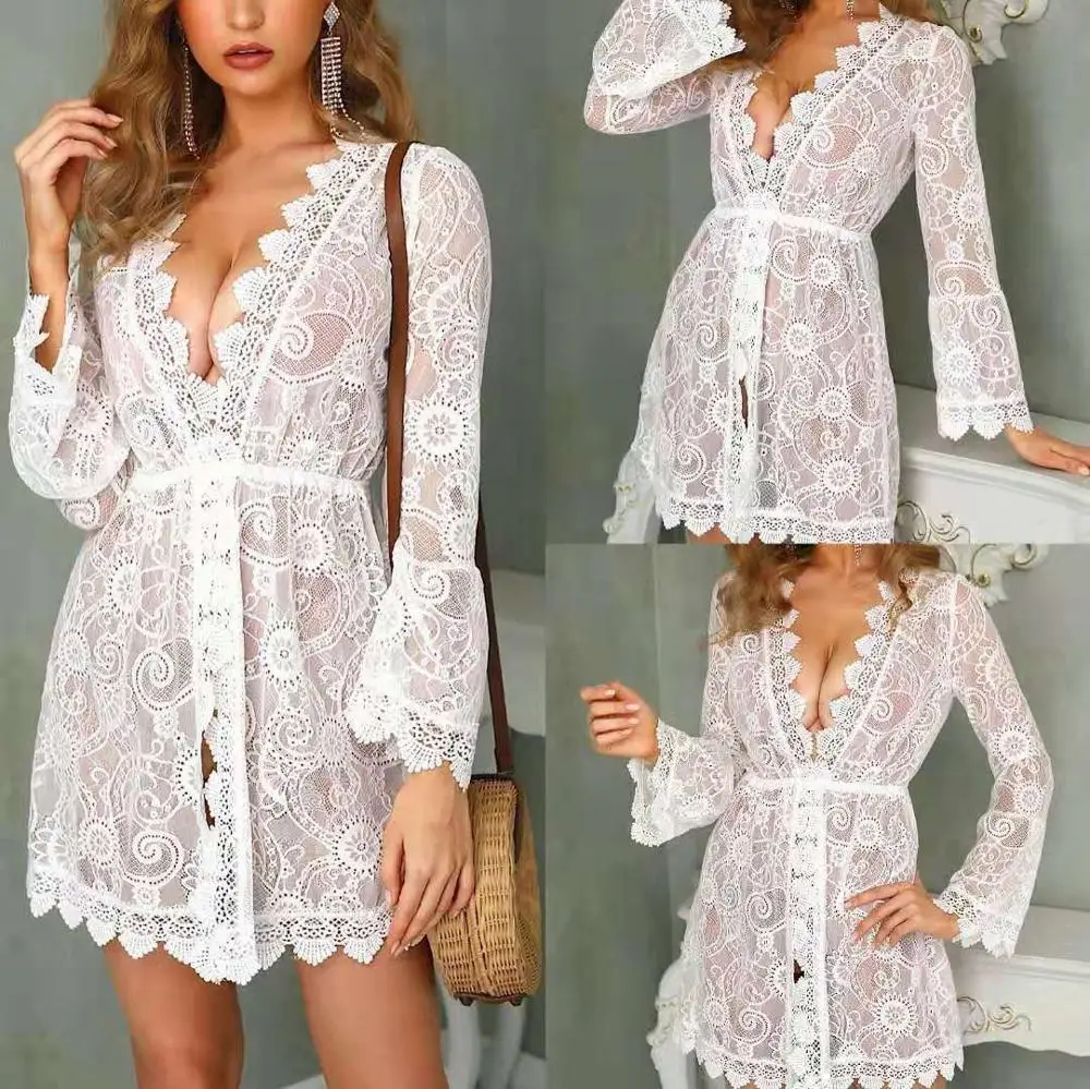 

2020 New Beach Dress Sexy Women Lace Crochet Tunics Party Kimono Cover Up Plage Robe Long Sleeve Beachwear Casual Boho Kimono XL