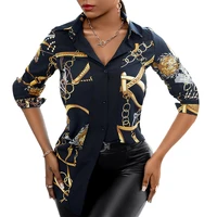 women fashion shirt lady long sleeve blouse turn down collarbutton design chain print casual shirts