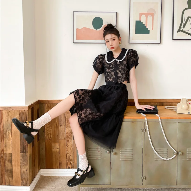 

Kimotimo Women 2 Piece Set Women Summer Black Mesh Print Transparent Doll Collar Puff Sleeve Crop Top + Design Mid-length Skirt