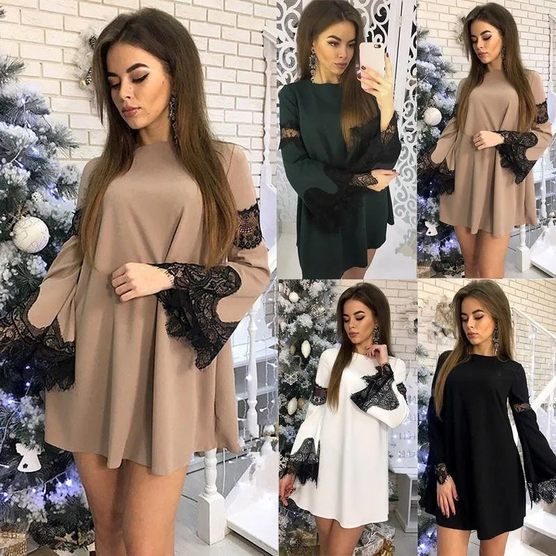 

Women Lace Patchwork A Line Party Dress Ladies Long Sleeve O Neck Sexy Club Dress New Fashion Flare Sleeve Dress