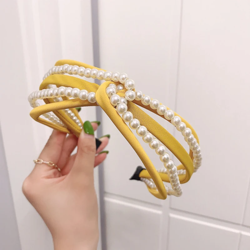 

Pearl Headband Candy Color Fashion Hair Hoop Women Beaded Cross Knotted Wide-brimmed Bezel Head Hoop Hair Accessories