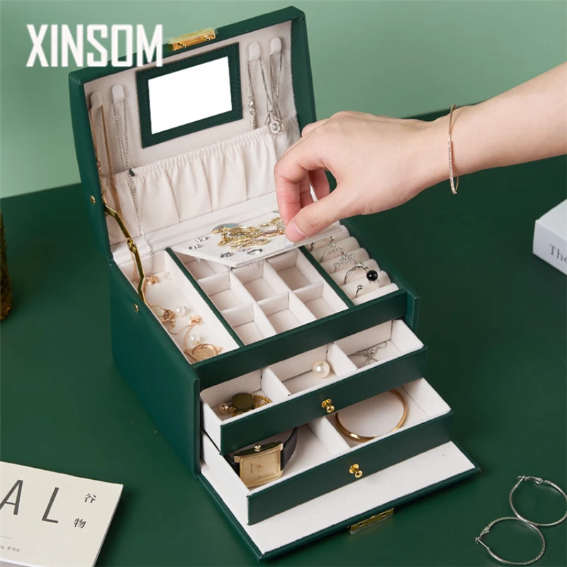 

Шкатулка для ювелирных украшений XINSOM из искусственной кожи с зеркалом, трехслойный органайзер для ожерелий, серег, колец, браслетов, шкатул...