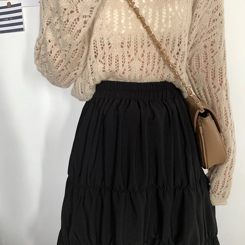 

Vintage High Waisted Skirt Women Spring Autumn Teens School Girls Frill Pleated Ruffles Patchwork Long Midi Black Goth Skirts