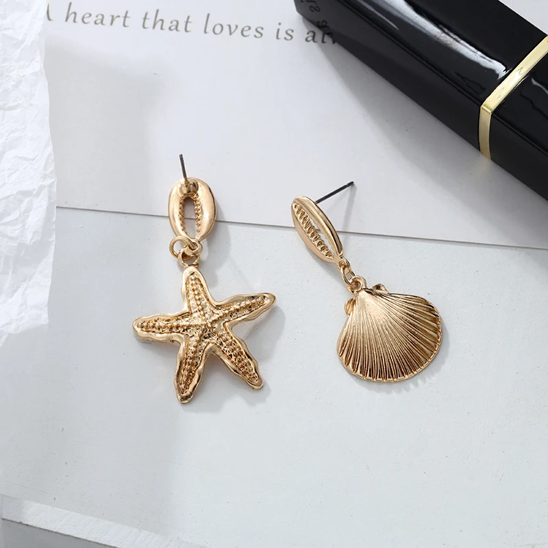 Корейские Эффектные серьги асимметричные сережки морская звезда золотые