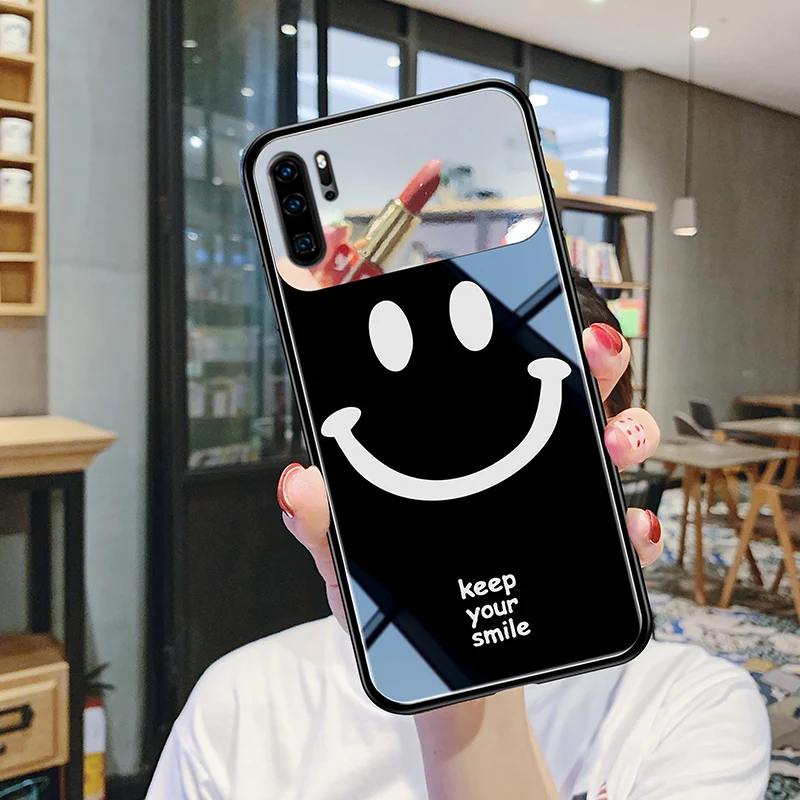 Стеклянный чехол со смайликом для Huawei P30 P40 pro зеркальный ремешок макияжа mate 20 30 nova
