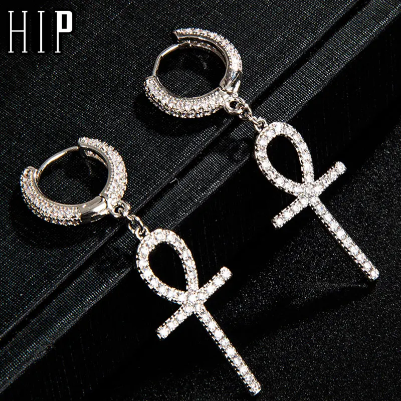 Hip Hop 1Pair Iced Zircon Ankh Cross Earring Gold   Color Micro Paved AAA Bling CZ Stone Earrings For Men Jewelry