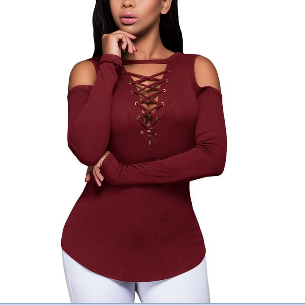 

Cut Out Sexy Woman Tshirts Aesthetic Ribbed Knitted 90s Tops Lace Up Deep V Neck Bandage Cold Shoulder Long Sleeve Autumn Tees