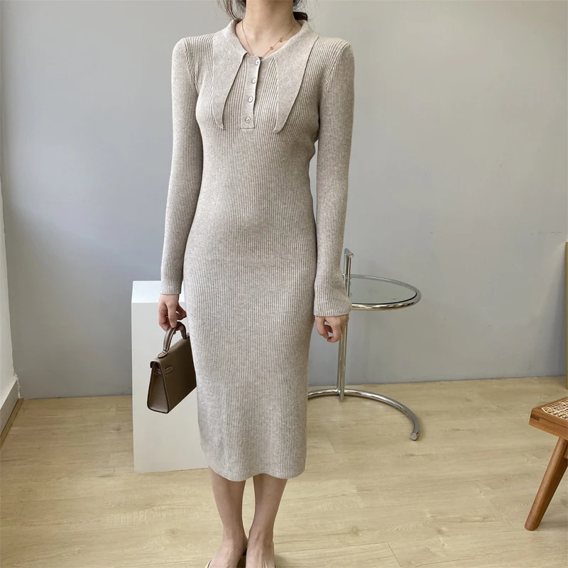 

Spring and autumn women's casual solid color bow embellished knitted slim dress
