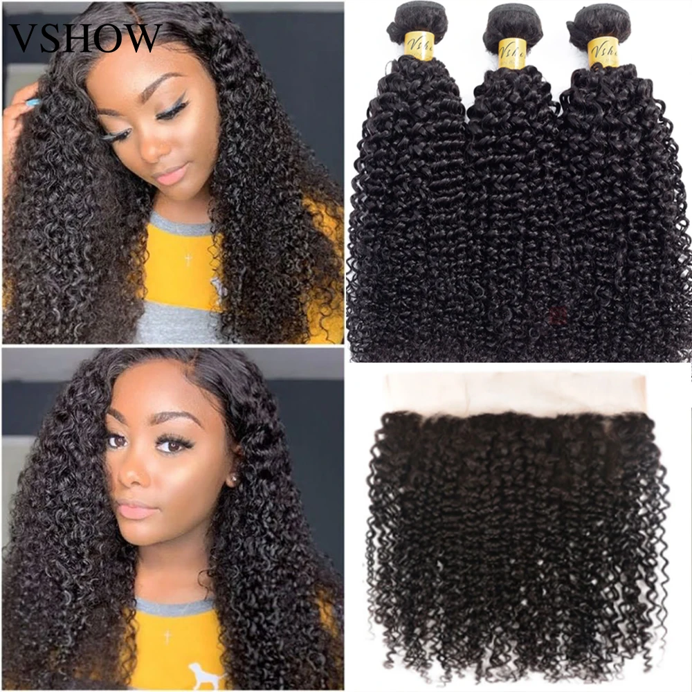

VSHOW Mongolian Kinky Curly Hair Bundles With Frontal 13x4 Remy Human Hair Weave Bundles With Closure Frontal Hair Extensions