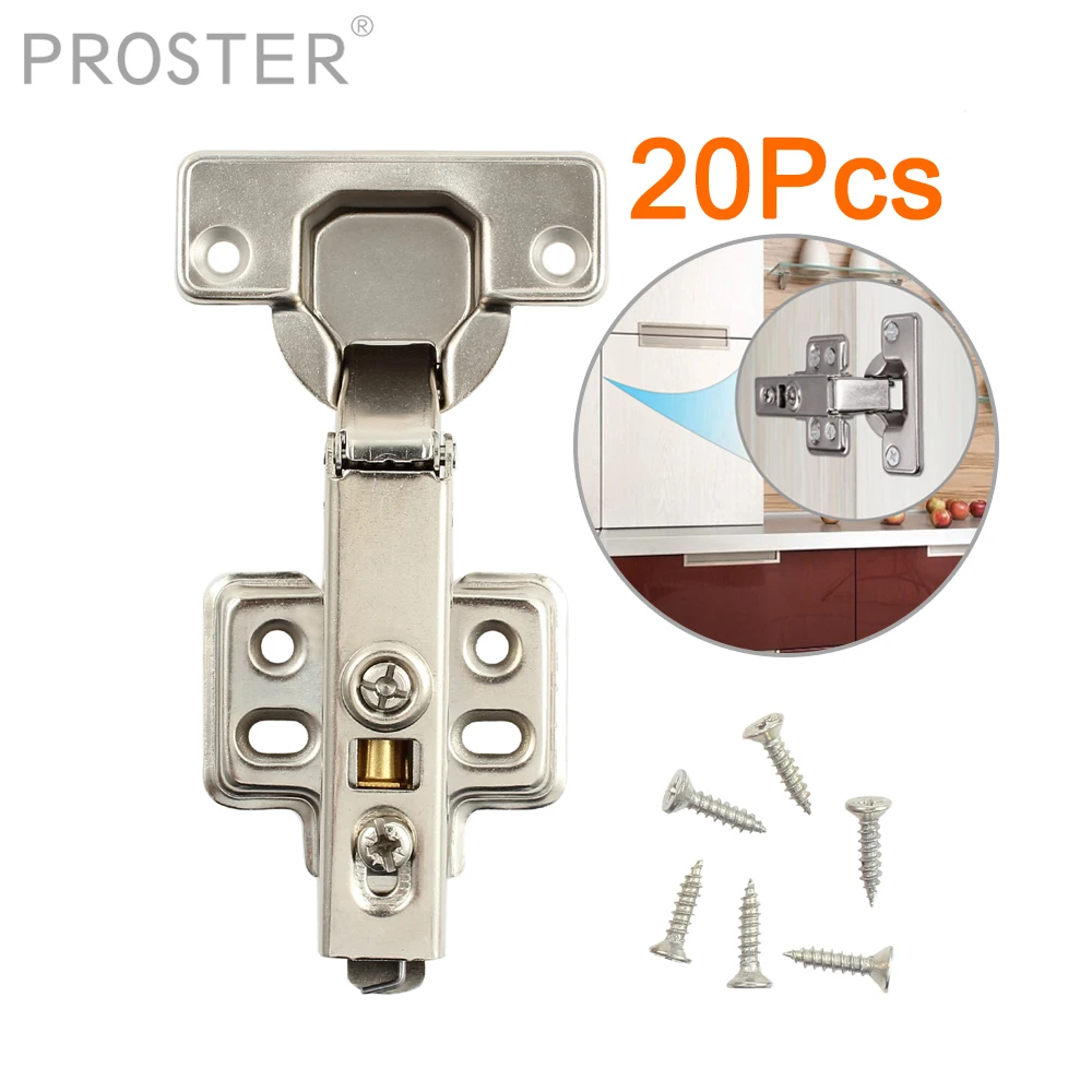 

PROSTER 20Pcs Kitchen Cabinet Door Hinges Soft Close Hinge Hydraulic Slow Shut Clip-On Plate 35mm Stainless Steel For Furniture