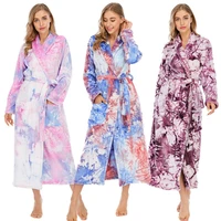 top quality womens kimono robe winter tie dye plush flannel nightgown women long sleeved robe pocket belt robe coat
