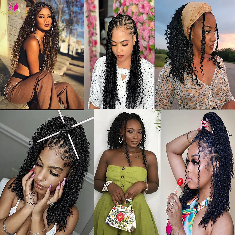 Goddess Box Braids Crochet Hair Bohemian Ombre With Curly End 14"20"&22" Synthetic River Braiding Extensions on.