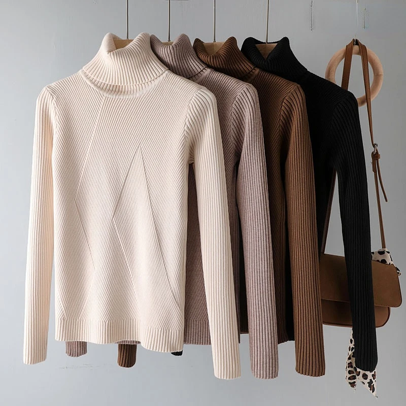 

Suéter feminino de malha grossa, outono inverno, gola alta, básico, suéter feminino slim cáqui, jaqueta,pulôveres, 2021