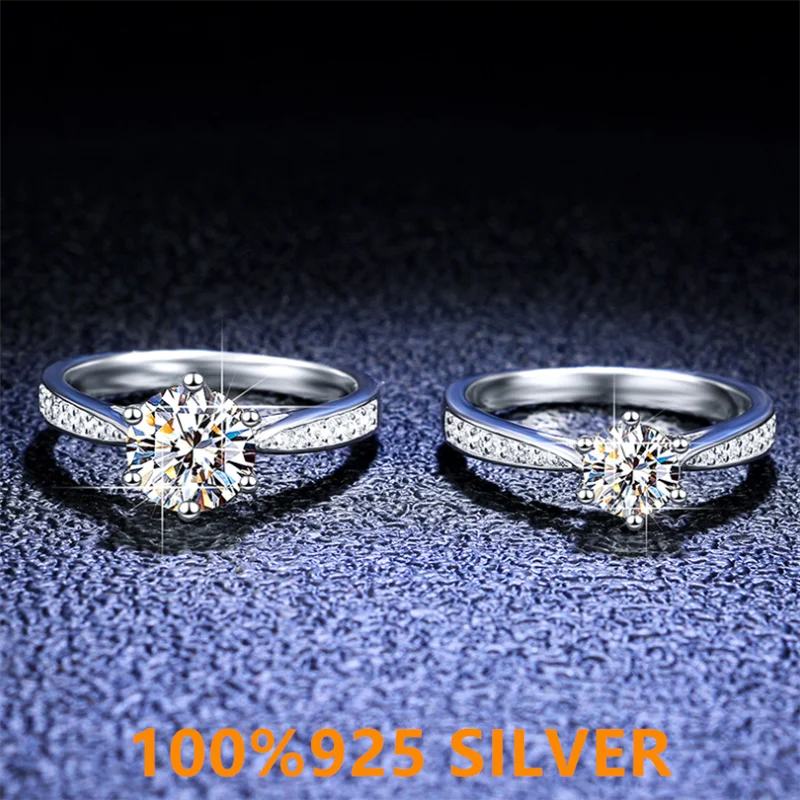 

925 indelible Sterling Silver Ring for women, D-COLOR Mossan diamond six claw classic crown ring engagement gift