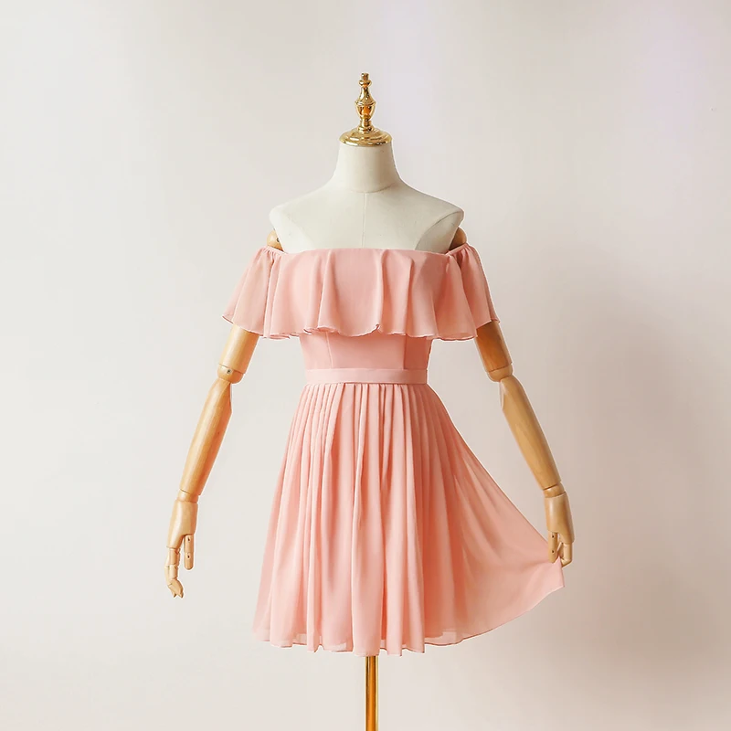 Короткое шифоновое платье для подружки невесты розовое свадебное подростков