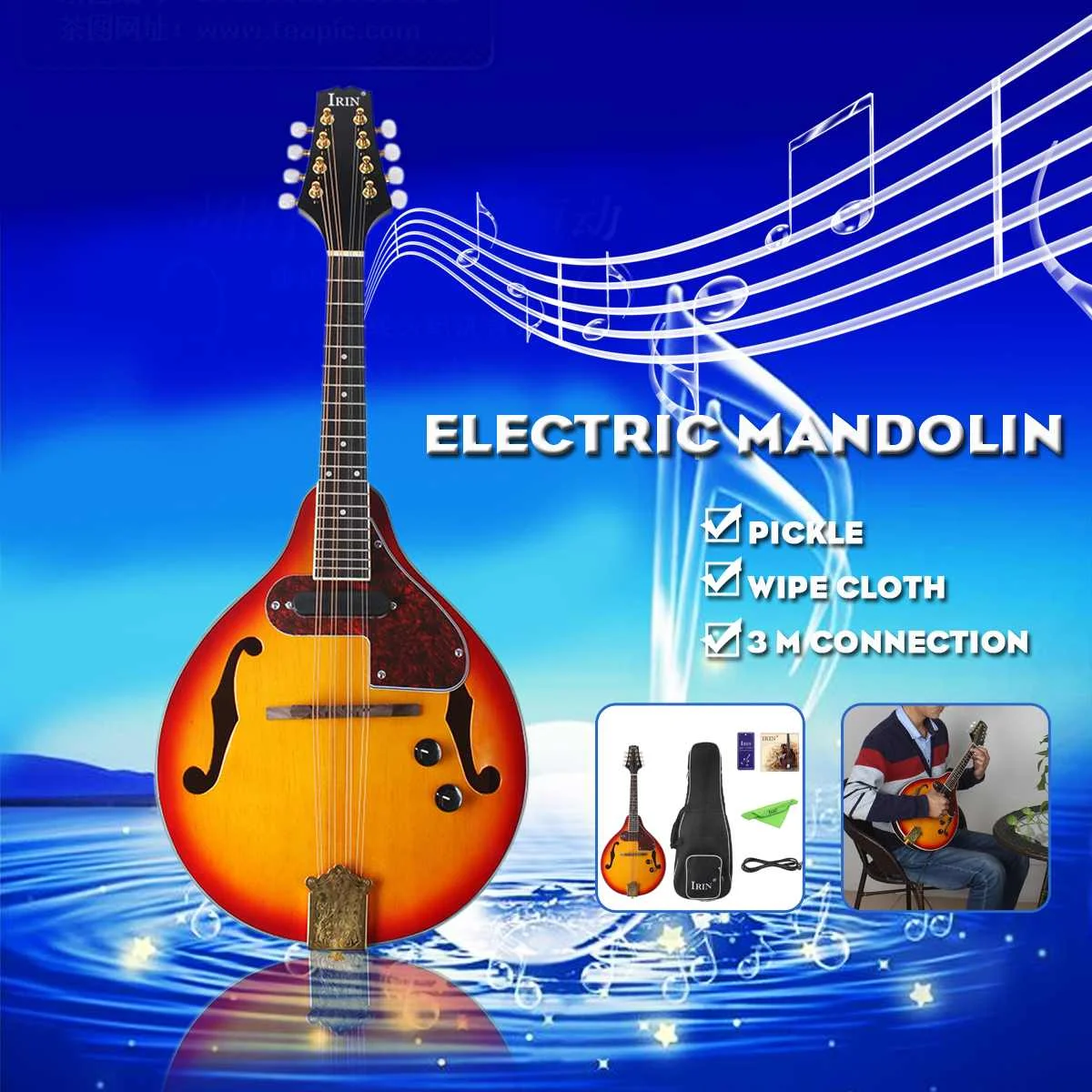 Rosewood 8-String Electric Mandolin A Style Rosewood Fingerboard Adjustable String Instrument with Cable Strings Picks Bag