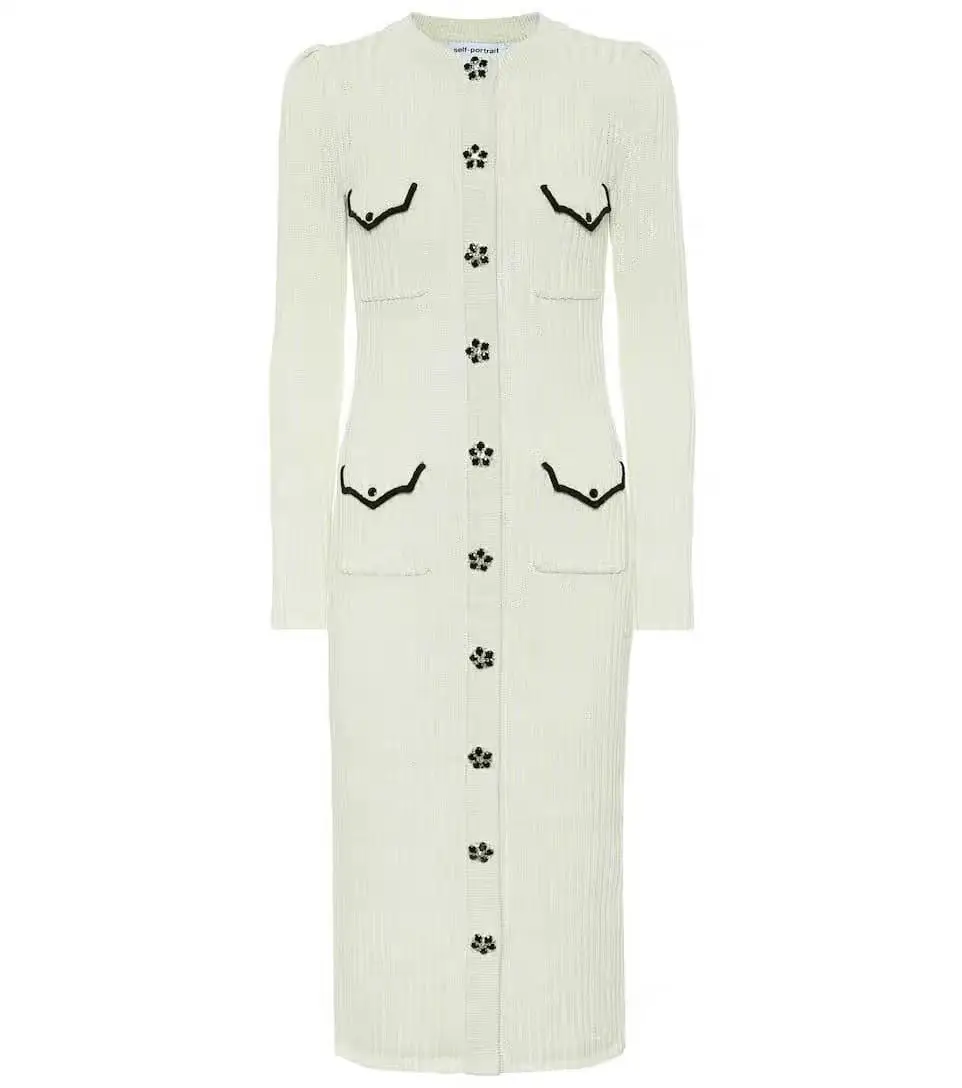 

spring new small fragrance temperament flower shining diamond show thin medium length knitted cardigan dress 21052