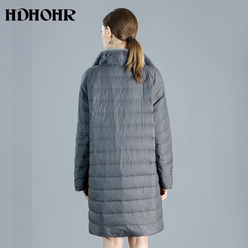 HDHOHR Для женщин из натурального меха норки, пальто с наполнителем из пуха с возможностью носить на обе стороны натурального меха норки куртки зима теплый в полоску длинное меховое пальто