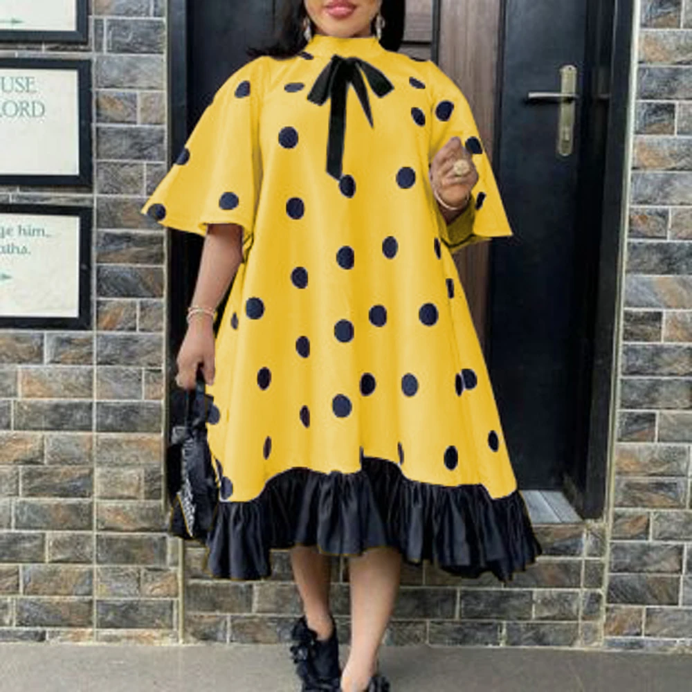 

Women Yellow Dress African Polka Dot Print Bowtie Lovely Loose Princess Party Ruffle Patchwork Short Sleeve Female Cute Vestidos