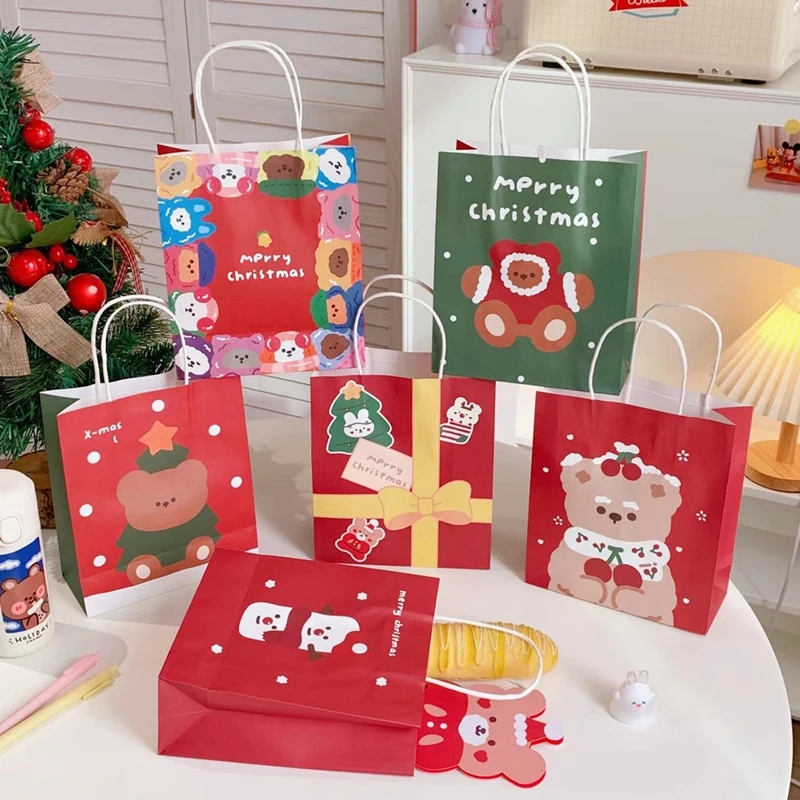 

Kawaii Christmas Paper Bag Santa Claus New Year Party Gift Pakcaging Handle Bag Child Favors Cookies Snack Decoration Supplies