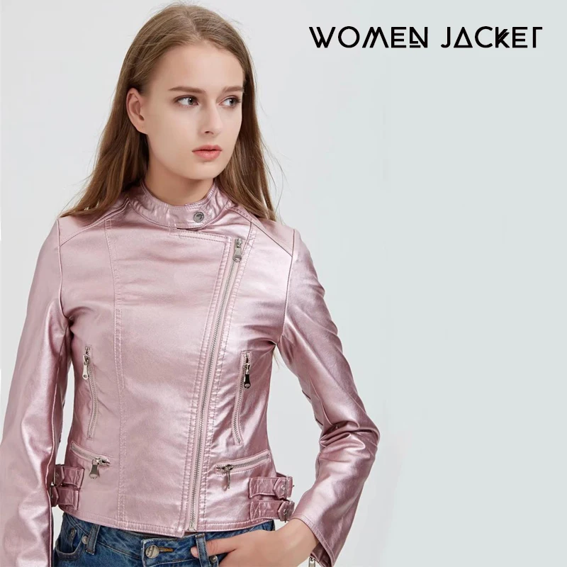 Куртка TMODA262 женская из искусственной кожи мотоциклетная блестящая розовая
