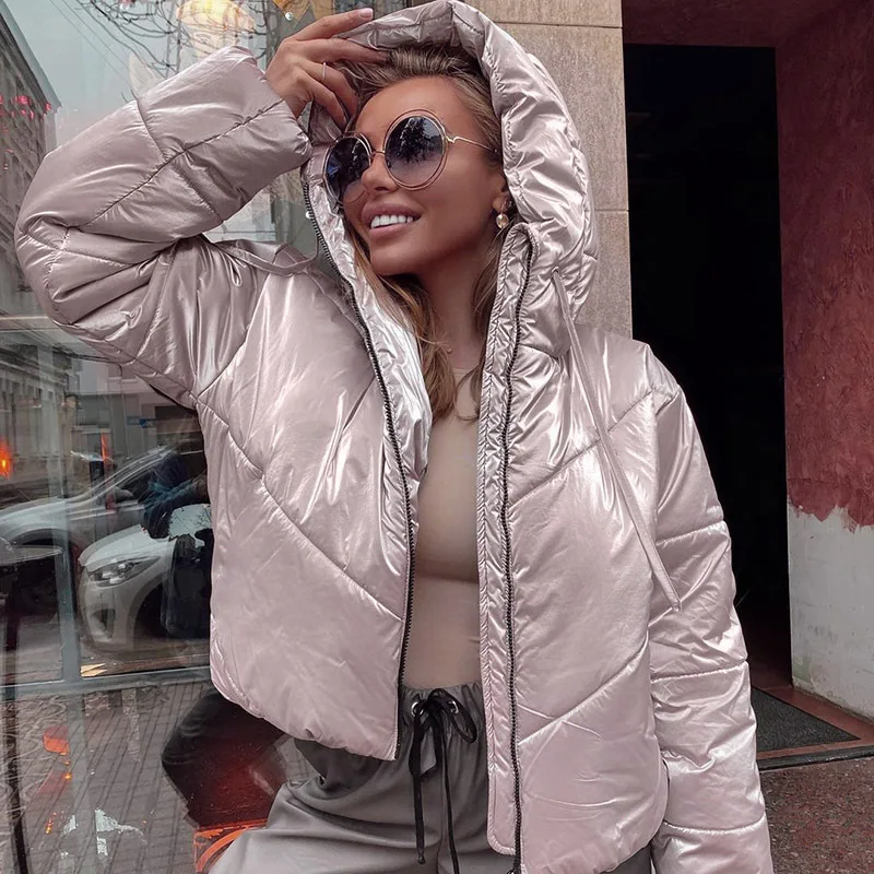 2021 Women Short Jacket  Winter Thick Bright Face Long-sleeved Hooded Cotton Padded Coats Autumn Winter Female Parkas Jackets