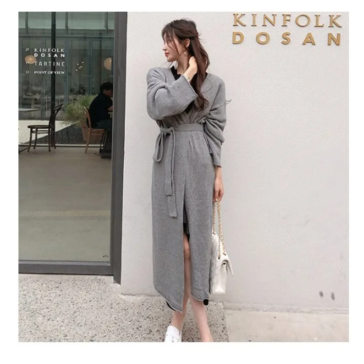 

Korean style cardigan sweater women 2020 winter side split long sweaters with belt streetwear casual outerwear