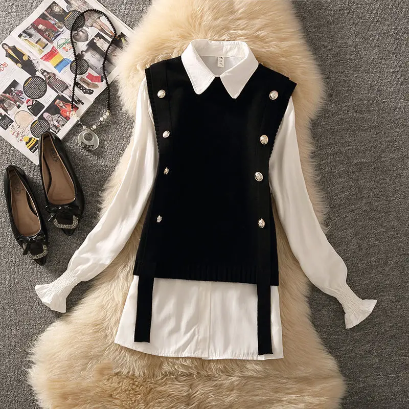 

Women 2021 Spring Fashion Two-piece Sets Female New O-neck Buttons Knitted Vest Ladies Solid Color Chiffon Blouses Suits Q235