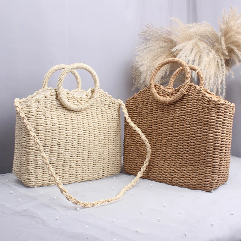 

2021 Summer Women Straw Handbag Round handle Hand-Woven Rattan Bag Woven Purse Wicker Beach Bag Bohemia Shoulder Messenger Bags