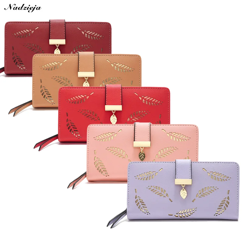 Новинка женский кошелек Женский Длинный сумка с золотыми полыми листьями