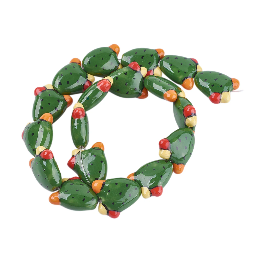 21x19x9mm 10pcs Cute Green Cactus Handmade Porcelain Beads 1.5mm Hole Ceramic Loose Beads for DIY Jewelry Making Crafts