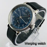 new parnis 42mm silver case blue dial gmt arab mark date window leather strap mens top leisure automatic mechanical watch