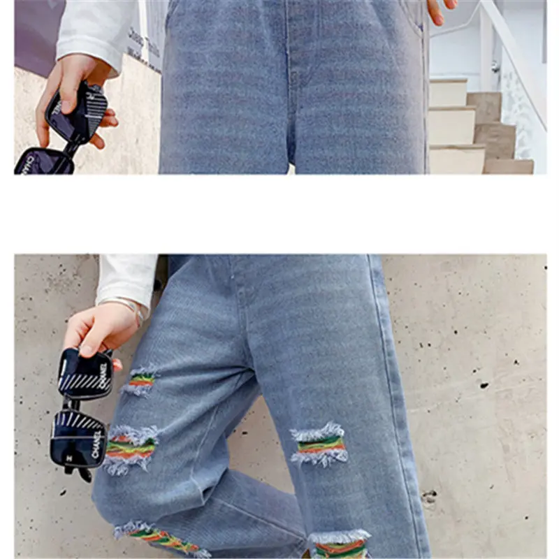 

Fashionable Casual Solid Color Ripped Loose Jeans For Teen Girls High Quality Korean Wide Leg Pants Children Denim Trouser 4-13Y