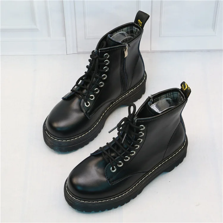 Women Flat Platform Ankle Boots Warm Winter Black Lace Up Medium Creepers Shoes Martin Fashion Party Footwear | Обувь
