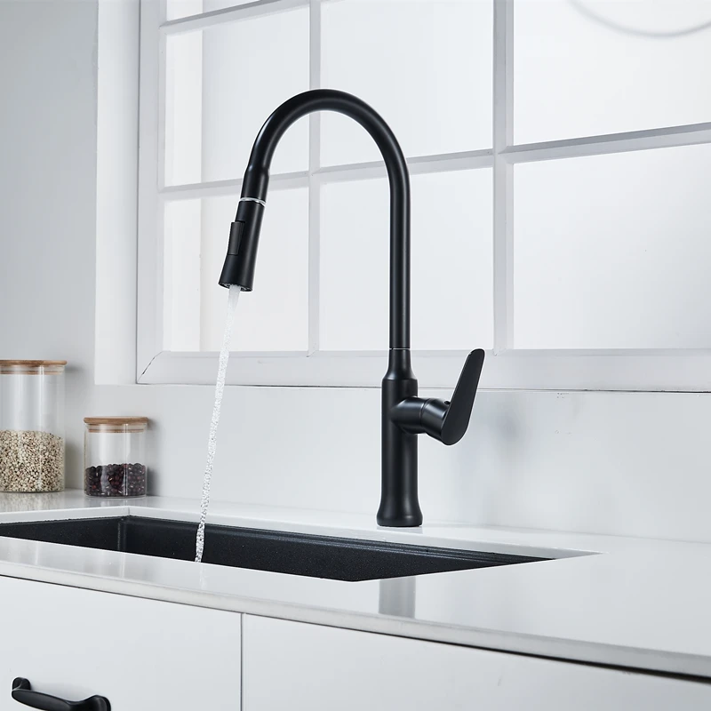 

Kitchen Faucets Black/Chrome Brass Pull Out 360 Rotate Kitchen Mixer Faucet Button To Switch Cold Hot Water Sink Taps Torneira
