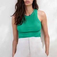 traf za women 2021 green knitted top female basic ribbed tank top fashion summer white tank top womens sleeveless knit tops