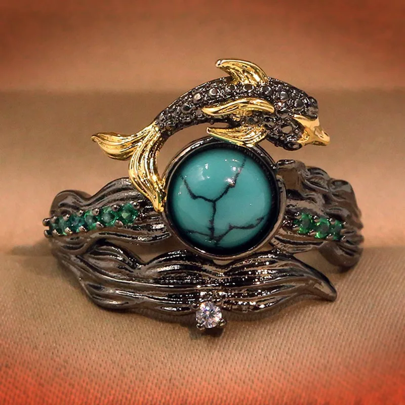 В этническом стиле ретро Стиль резные лошадиный глаз кольцо с бирюзой женские