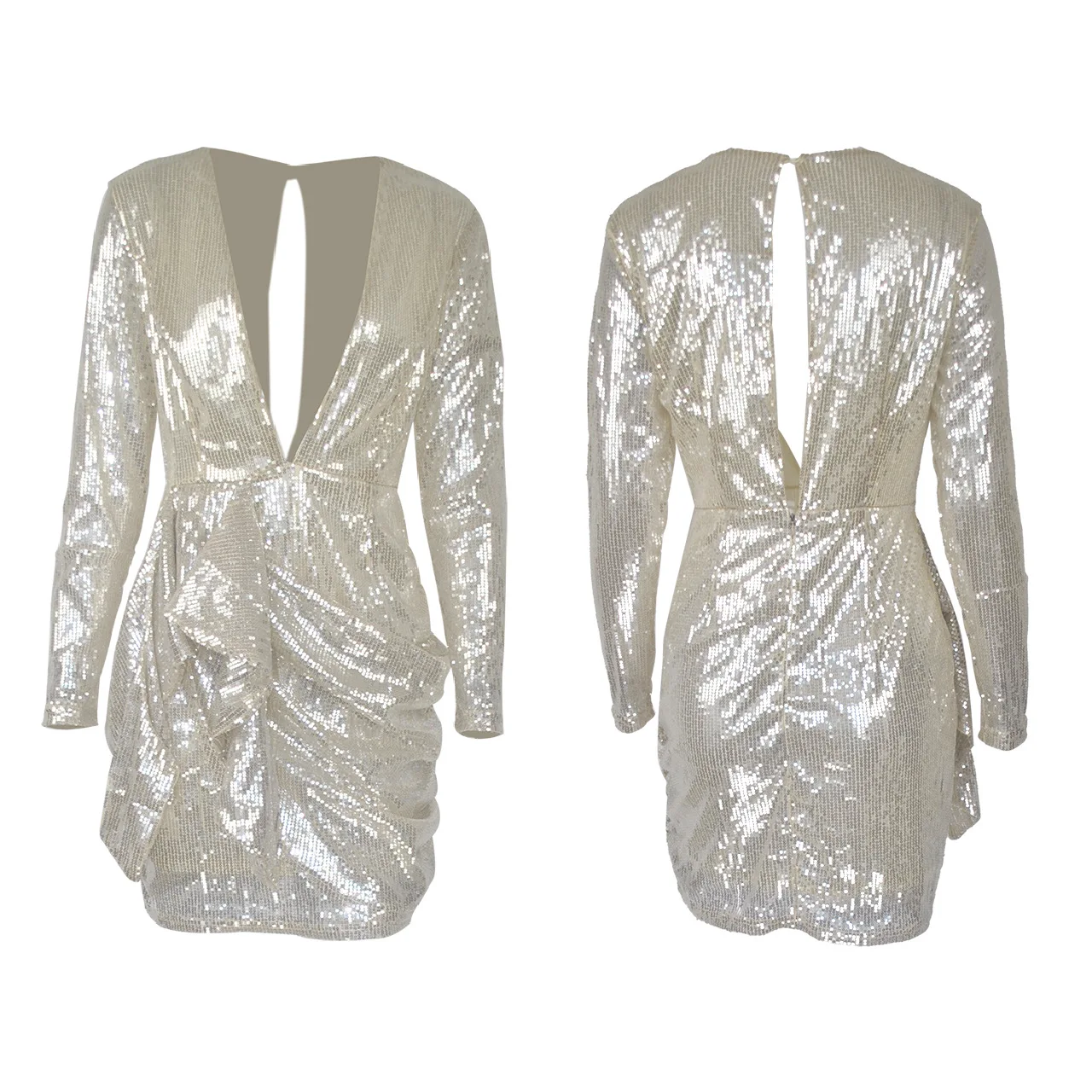 

KALENMOS Sparkle Deep V Neck Ruched Sequins Sexy Dresses Elegant Long Sleeve Pleated Sequined Party Dress Chirstmas Outfits